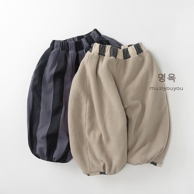 Korean Style Unisex Kids Striped Thickened Fleece Loose Wide Leg Trousers