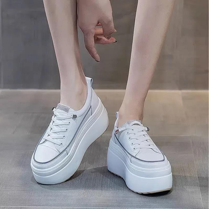 8cm White Genuine Leather Platform Heel Women Flats Shoes Comfortable Casual Creepers Chunky Sneaker Summer Bling Shoes Women