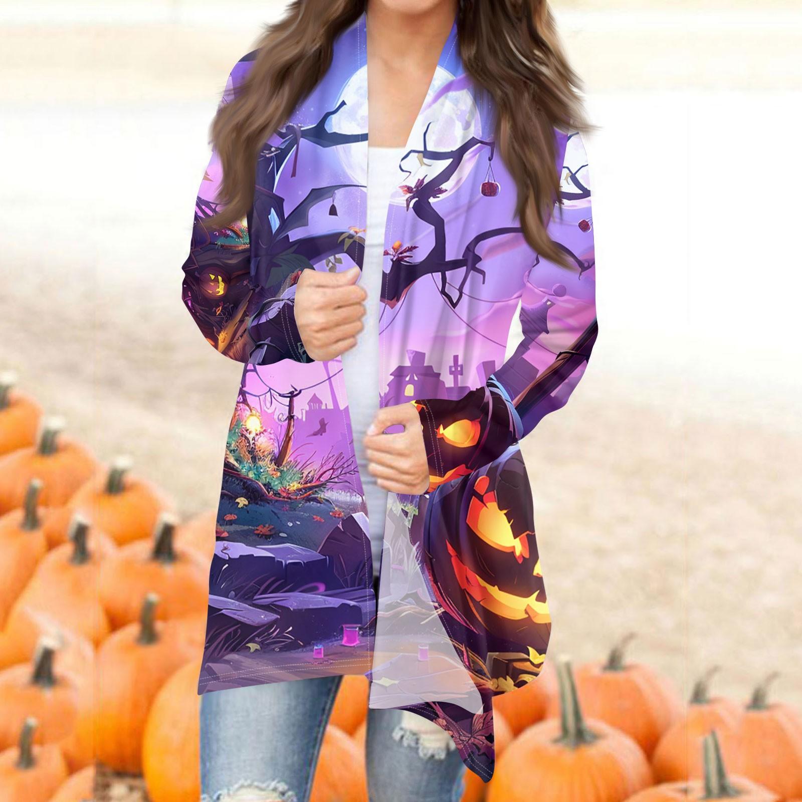 

Женская модная повседневная куртка-кардиган средней длины с принтом на Хэллоуин и нерегулярным подолом M фиолетовый