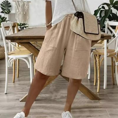 Shorts Femininos Verão Algodão Linho Cintura Elástica Bolso Calças Casuais Elásticas Retas Soltas Cinco Quartos Roupa Feminina