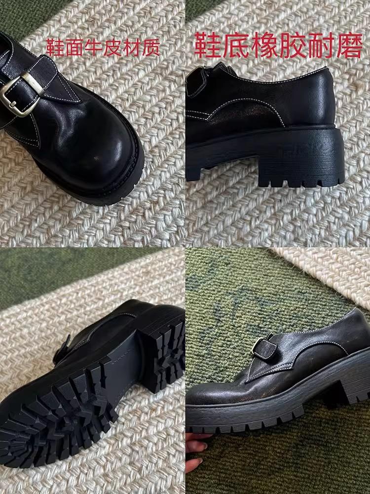 Cowhide version~ genuine leather thick-soled thick-heeled small leather shoes for women's spring and autumn new belt buckle loafers British versati