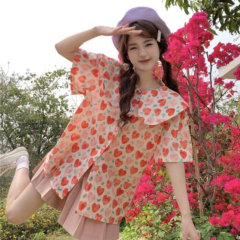 

Рубашка с кукольным воротником для девочки, с цветочным принтом в виде сердечек, новые корейские милые рубашки с коротким рукавом, свободная, на пуговицах, летняя одежда XXL