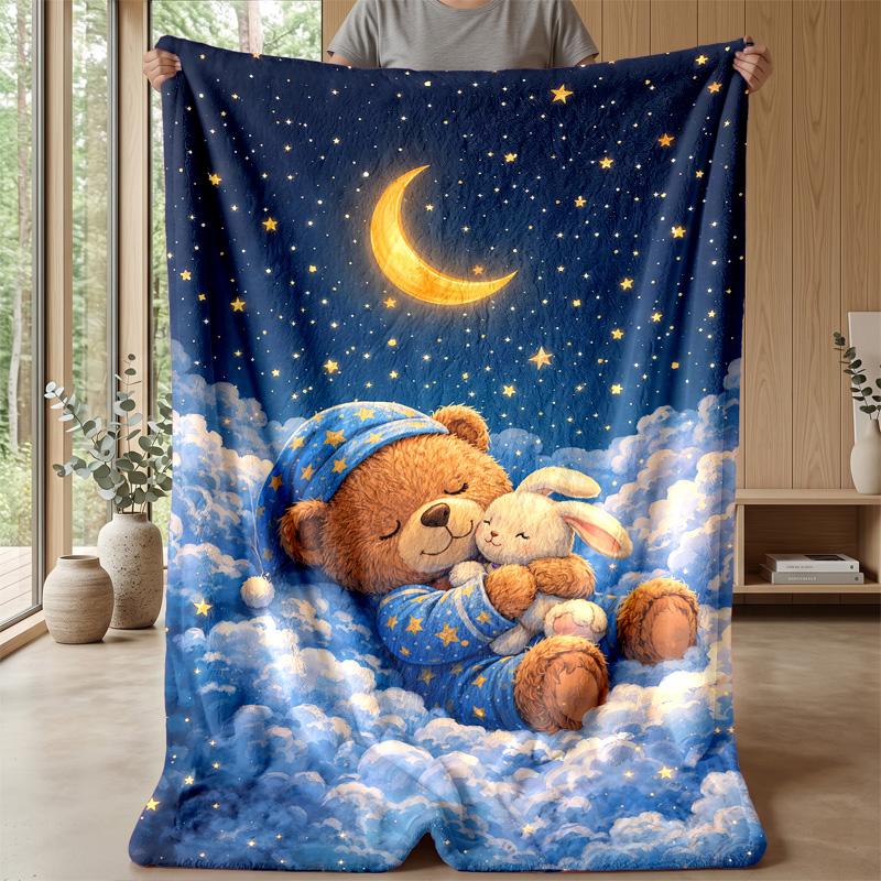 Teddy Bear Sleeps On Branch Under Moon Theme Blanket Lightweight Warm Flannel Blanket Decorative Throw Blanket for Home Decoration