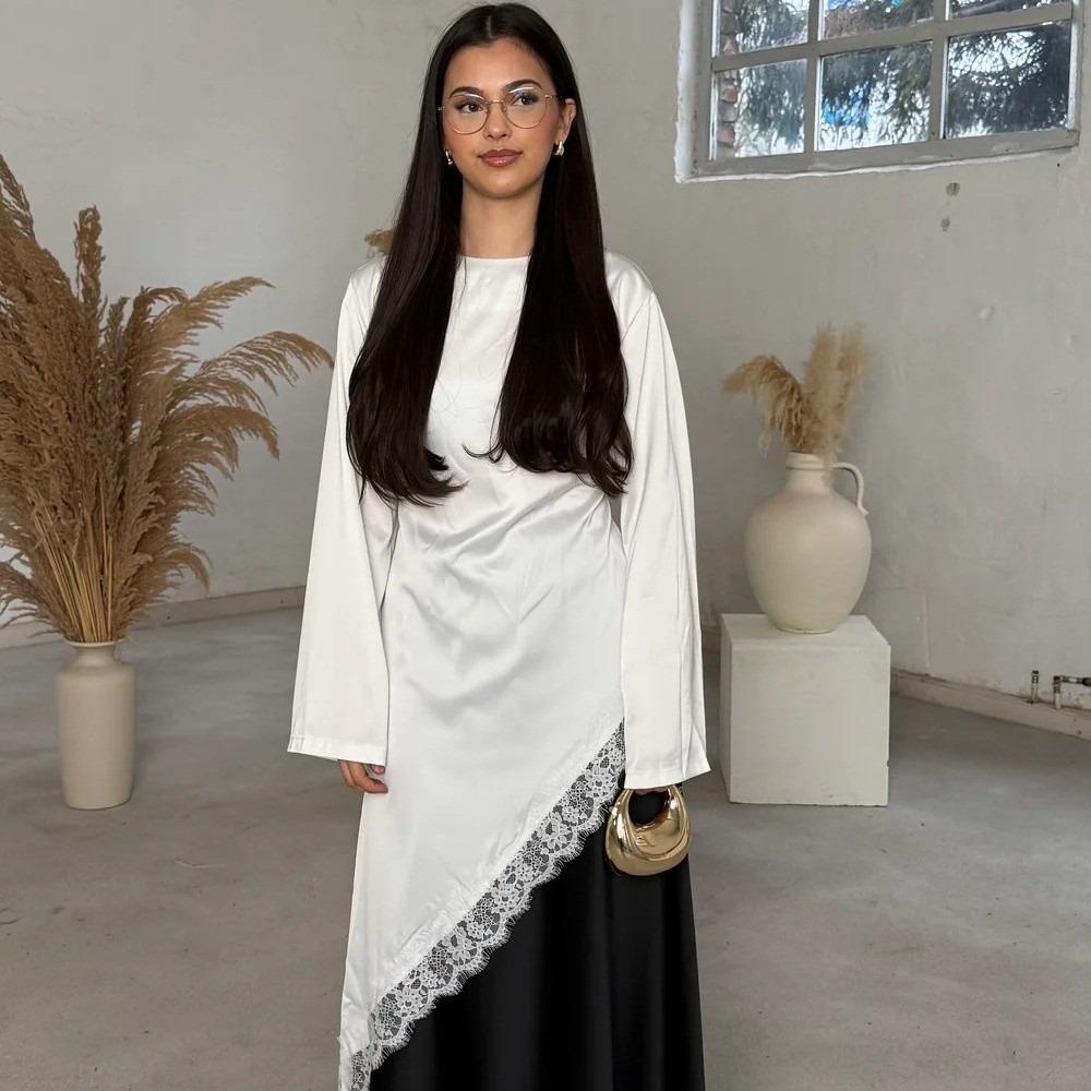 Long Sleeve Drooping Style Blouse Lace Lower Hemline Long Shirt Irregular Dress Commute Outing