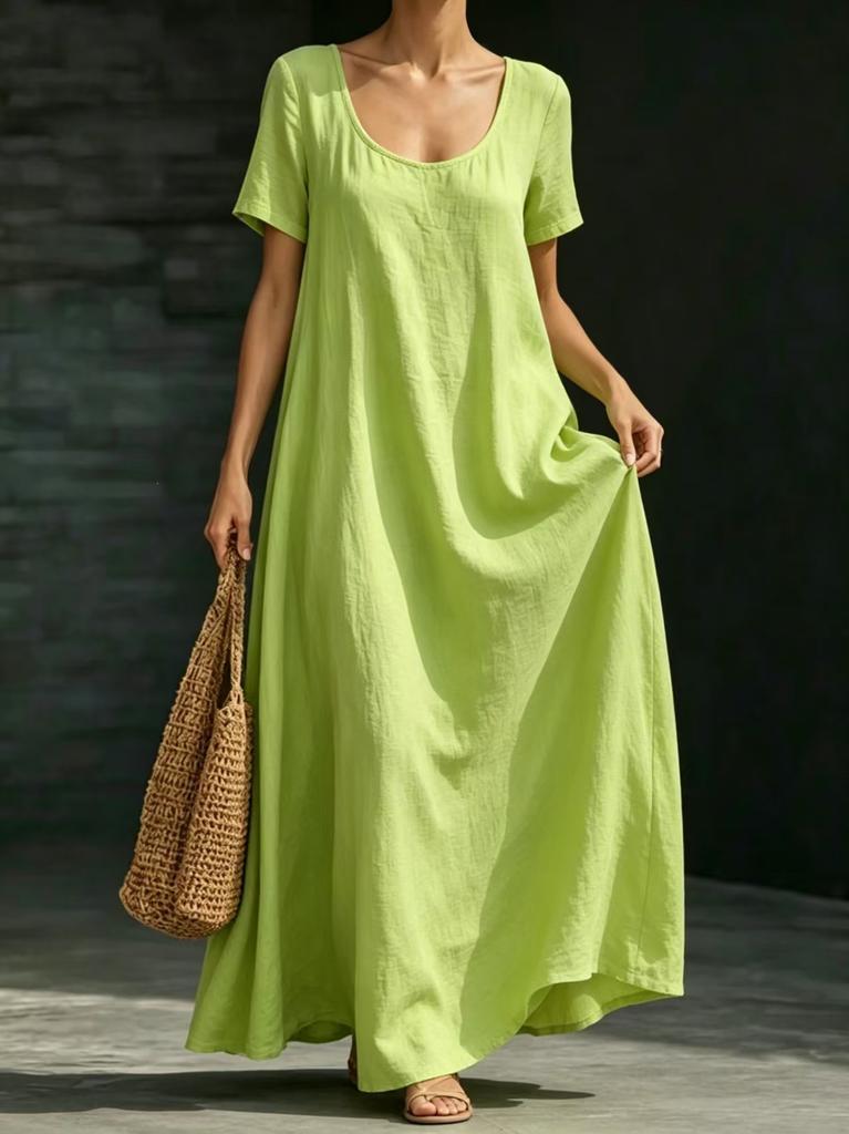 Cross-border foreign trade Amazon popular summer dress U-neck short-sleeved loose pendulum long dress casual solid color women's clothing