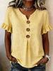 Women Solid Color V Neck Short Sleeve Button Casual T Shirt Top