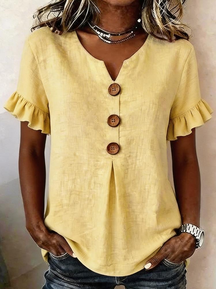 Women Solid Color V Neck Short Sleeve Button Casual T Shirt Top