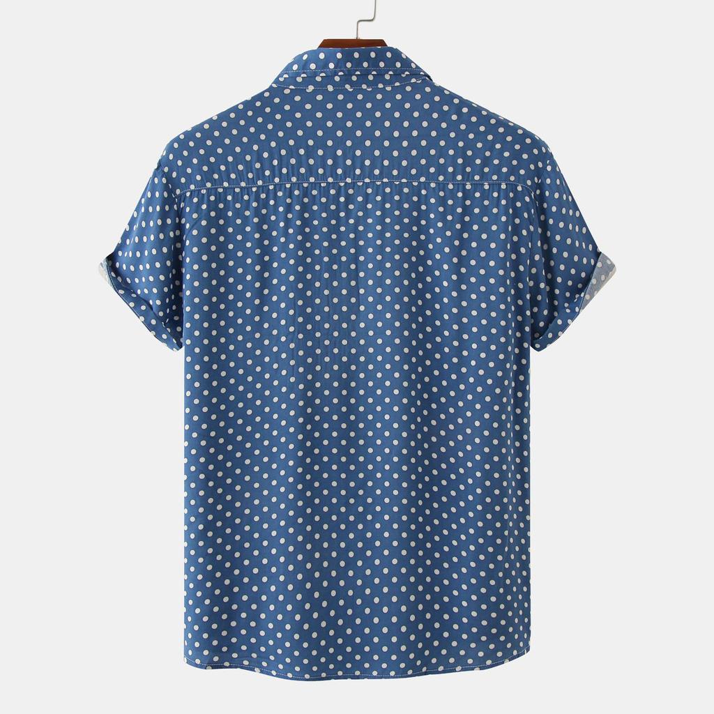 Men's Summer Leisure Vacation Printed Cotton Linen Top Polka Dot Print Lapel Short Sleeve Shirt
