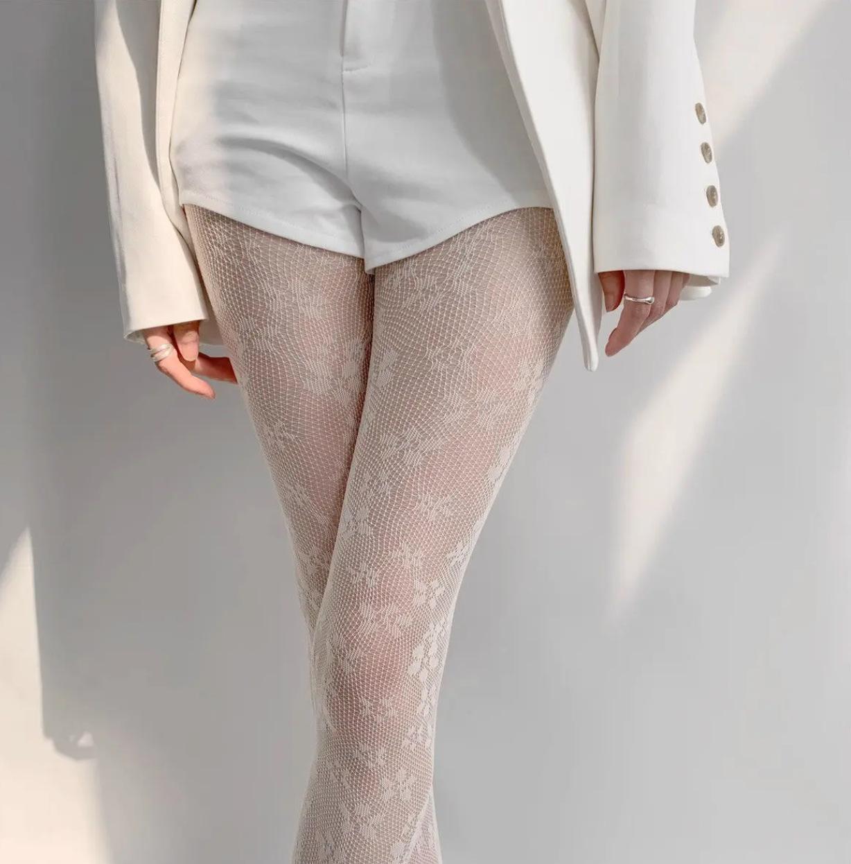 Y2K Lolita Nylon Transparente Spitze Strümpfe Neues Blumenmuster Braune Netzstrumpfhosen Damen Sexy Kaffee Ausgeschnittenes Netzstrumpfhosen One Size gray