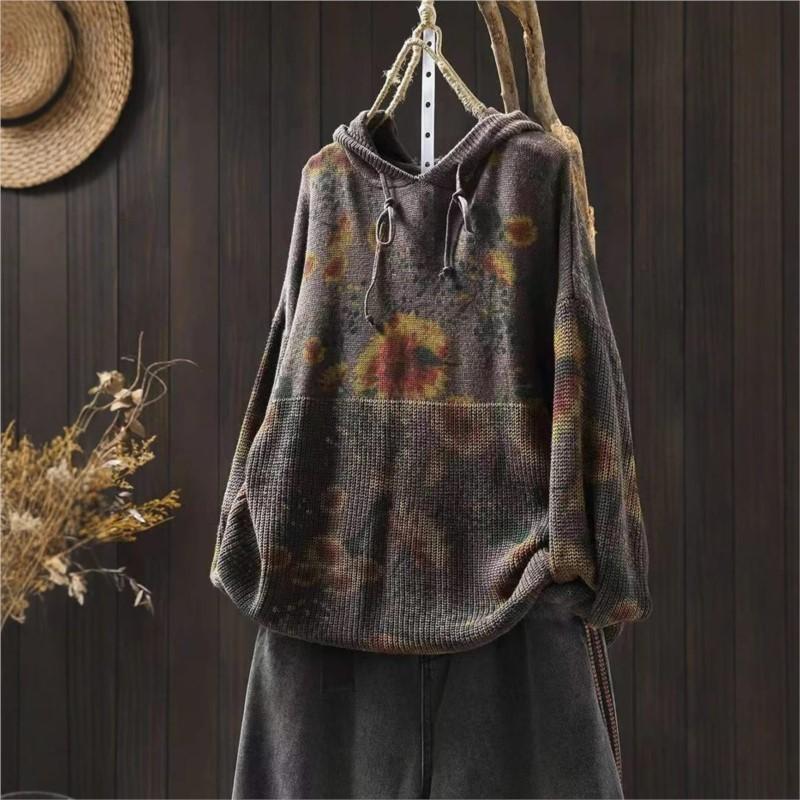Vintage Print Drawstring Fashion Hooded Sweater Woman Winter Loose Long Sleeves Casual Sweater