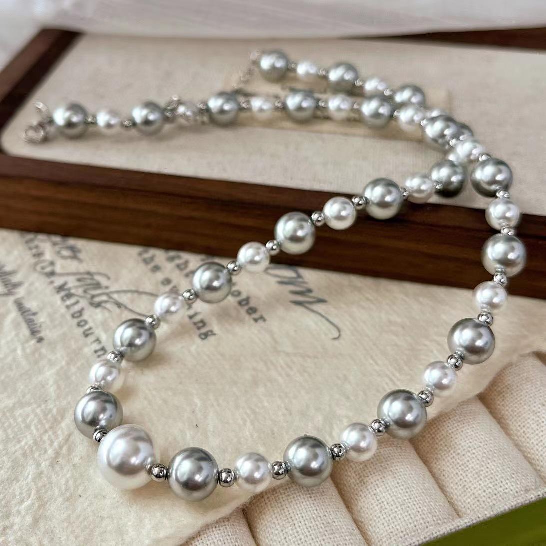 Vintage Cold Texture Shijia Strong Light Round Pearl Collarbone Chain Platinum Gray Cold White Necklace