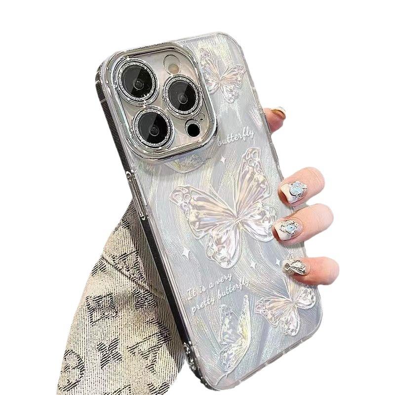 Silver Butterfly Hole Suitable for Apple 16promax Mobile Phone Case for Women IPhone 15 Lens 14 Feather Yarn Protective Case