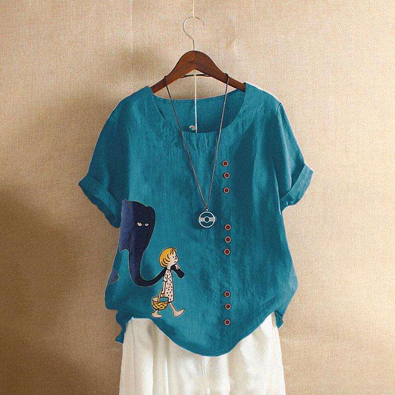 GMXIA Summer Vintage Plus-size Casual Loose Cotton and Linen Short Sleeve Pullover T-shirt Cotton and Linen Women Plus-size Women's Wear