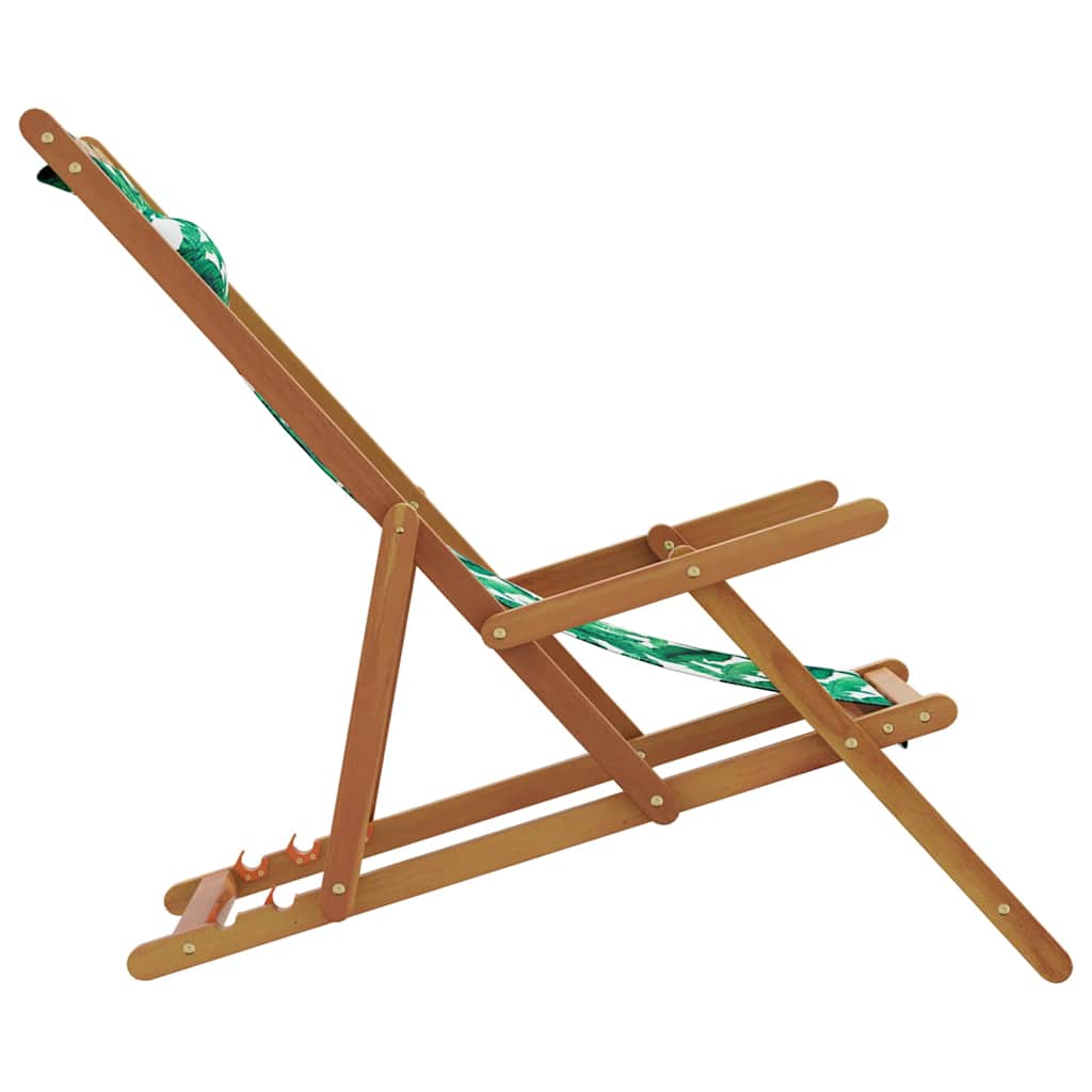 Folding Beach Chair with Leaf Pattern Solid Eucalyptus Wood Frame Fabric Seat