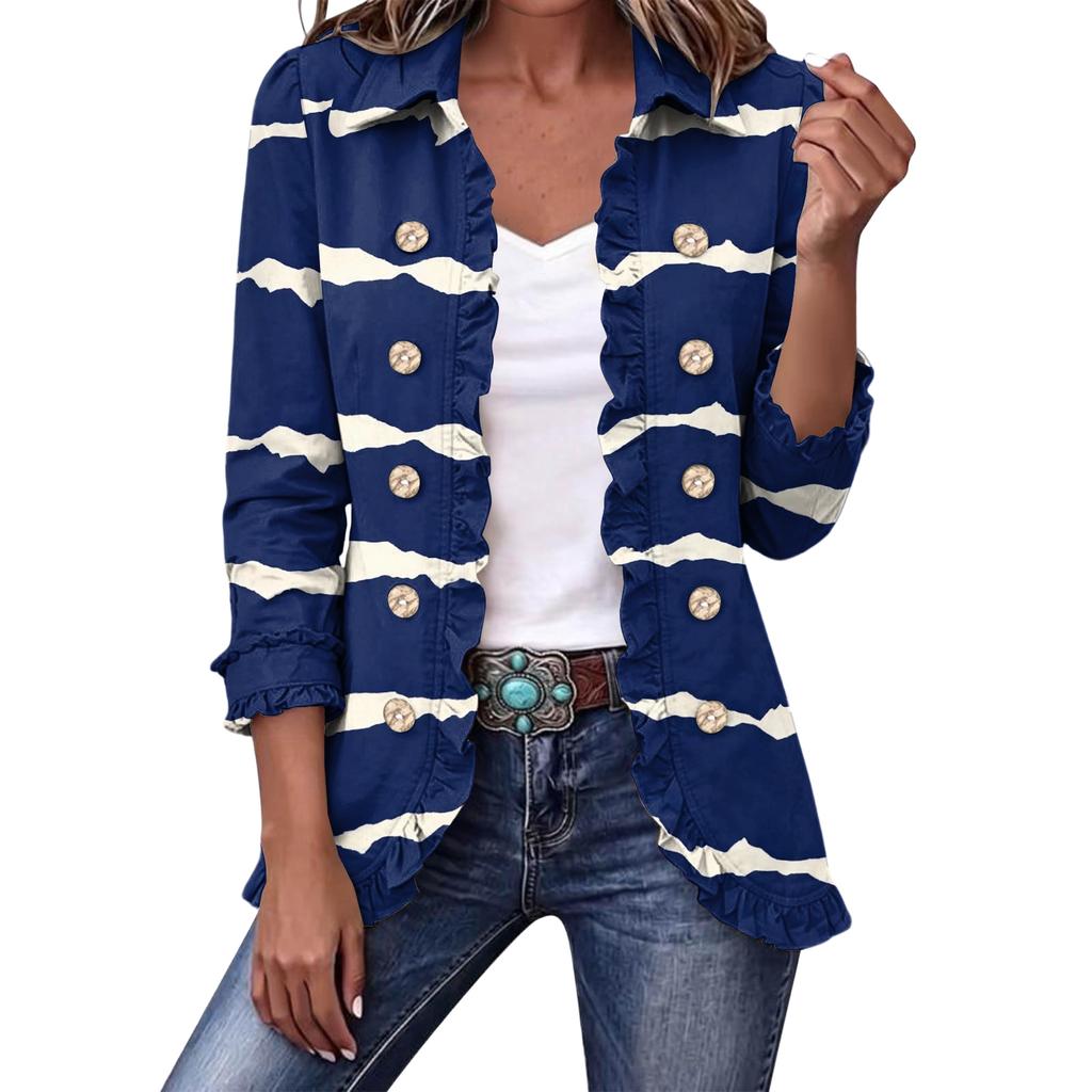 Women's Cropped Ruffle Hem Jacket with Lapel Collar and Double-Breasted Button Front