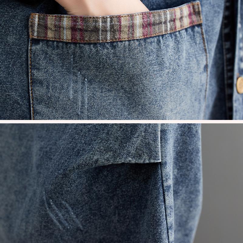 DIMANAF 2023 Podzimní košile Denim Coat Halenka Ležérní Košile s dlouhým rukávem Dámská košile Kostkovaná Volná Modrá Patchwork Vintage Dámské topy s výstřihem do V