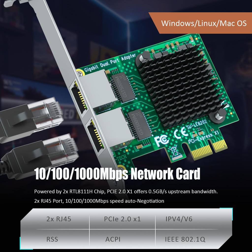GLOTRENDS LE8202 LAN Card, 2 Ports, 100010010Mbps NIC, RJ45 LAN Port (PCI-Express X1 Connection)