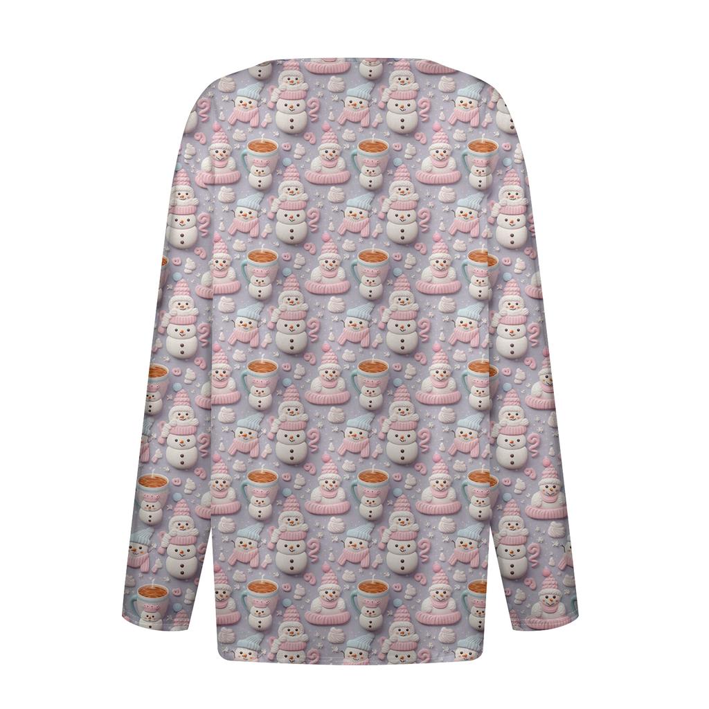 Women's Fashion Casual V-Neck Button-Up Long-Sleeve T-Shirt With Christmas Print Top