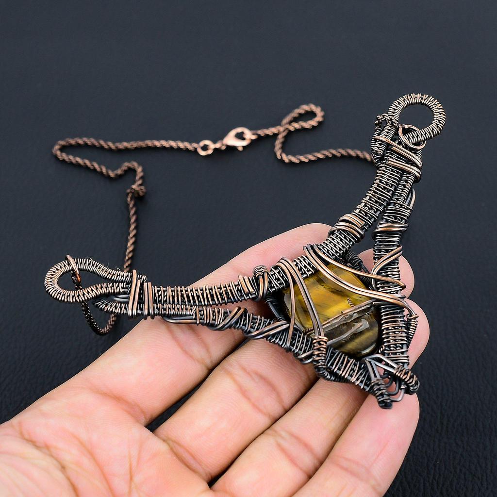Elegant Tiger Eye Gemstone Pure Copper Wire Wrapped Handmade Necklace Jewelry