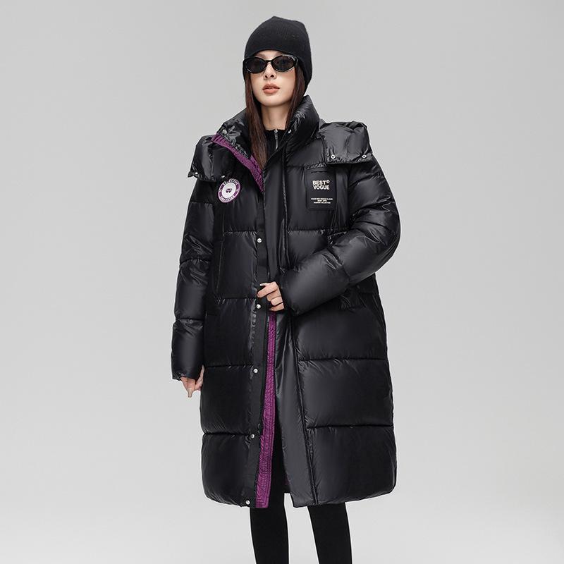2024 Unisex Extra Long Hooded Black Cotton Jacket - Color Block Thickened Winter Coat