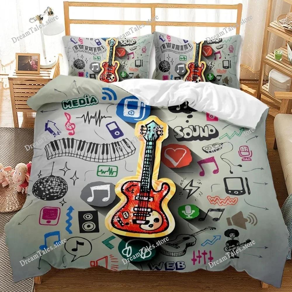 İkiz Boy Rock Müzik Yorgan Kılıfı Seti Hip Hop Hippie Yorgan Kılıfı Mavi Gitar Polyester Yatak Takımı Gençler İçin
