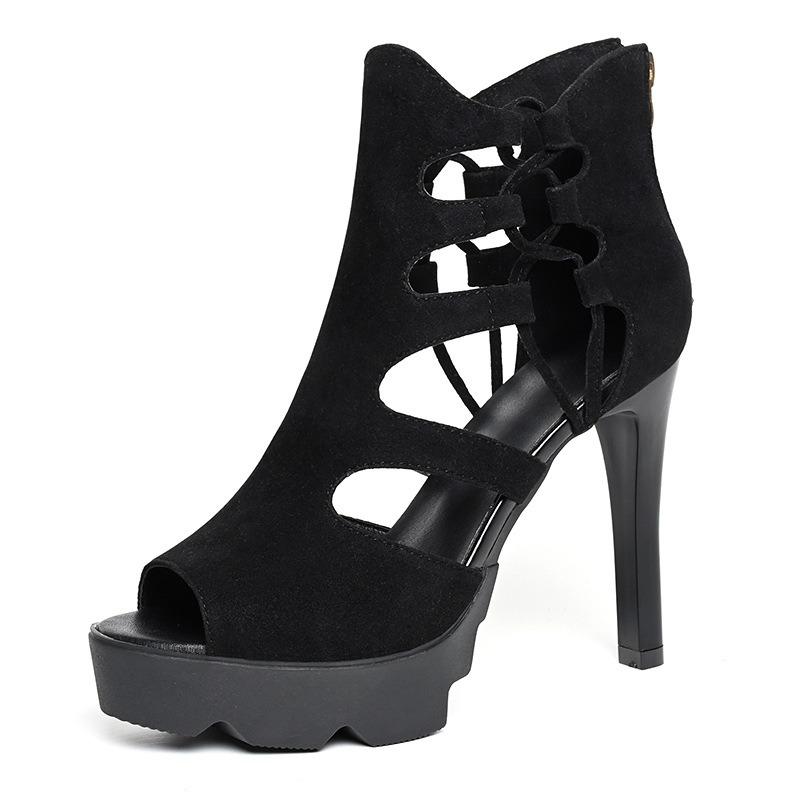 Style Women's Super High Heel Waterproof Table Suede Sexy Nightclub Skinny Hollow Fish Mouth Sandals