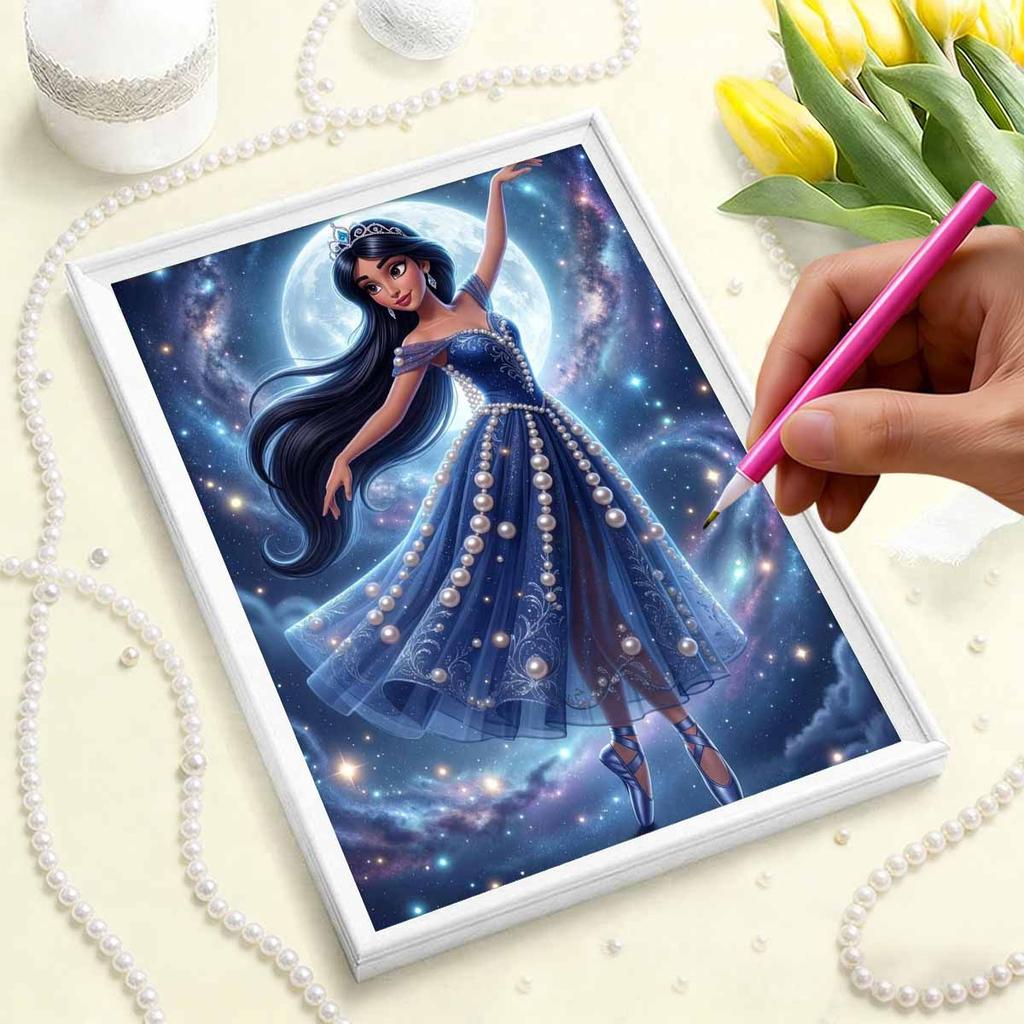 Disney Aladdin Princess Jasmine Long Black Curly Hair Exotic Arab Style Pearl-encrusted Outfit Pearl Puzzle. Handmade Decorative Gift for Home