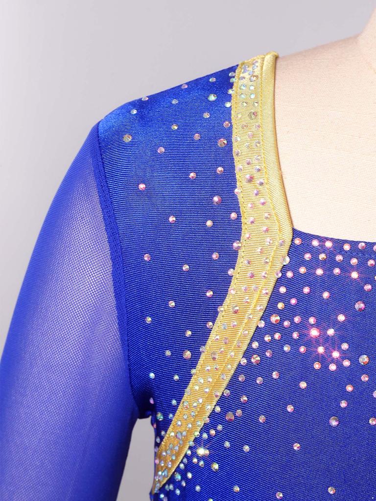 Eiskunstlauf-Kleid für Kinder: Langarm Netz Strass Asymmetrischer Body mit integriertem Höschen & Träger-Rücken