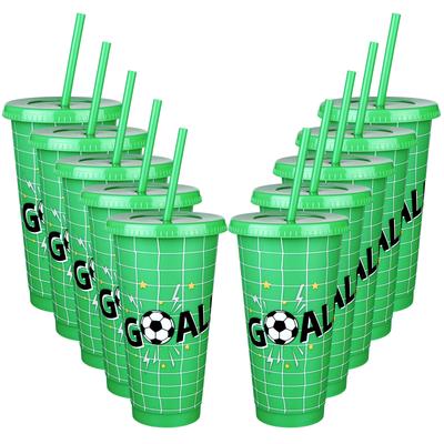 10 Pièces Tasses Football en Plastique 24oz Tumbler Réutilisable avec Couvercle et Paille Décorées Cadeaux Fête d'Anniversaire Football pour Entraîneur Fan Hommes Wo