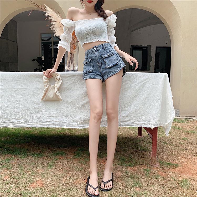 Korean Retro High-Waisted Gray Denim A-line Shorts for Women Medium синий