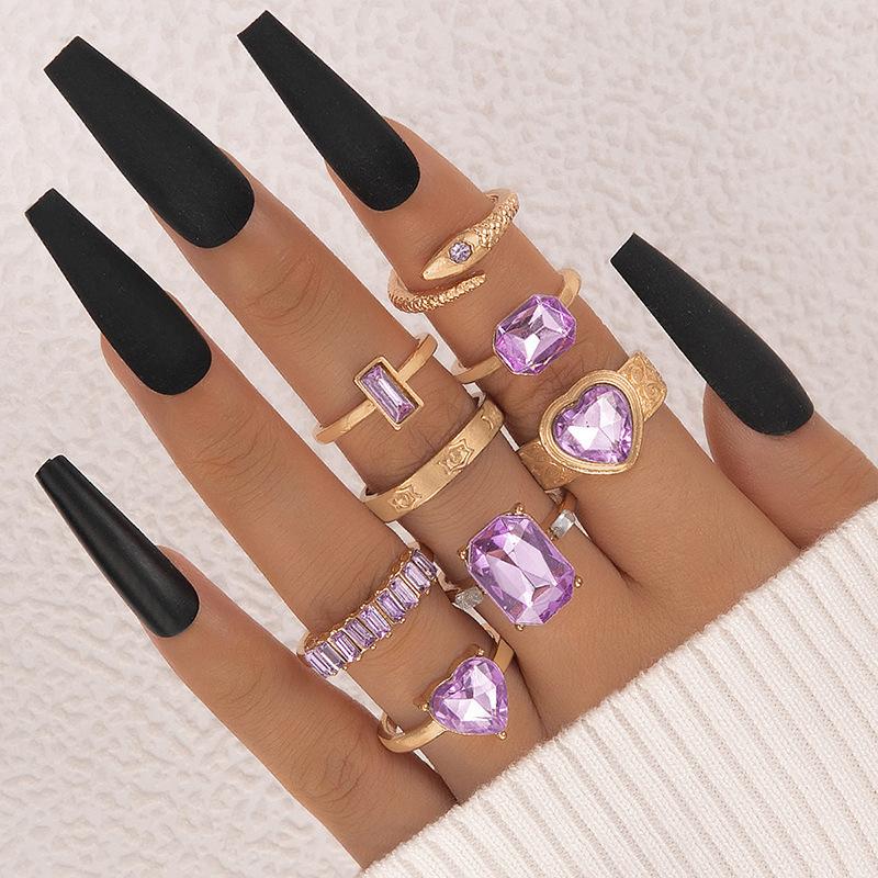European and American new dripping butterfly imitation gemstone and diamond ring set Geometric twist ring seven-piece set