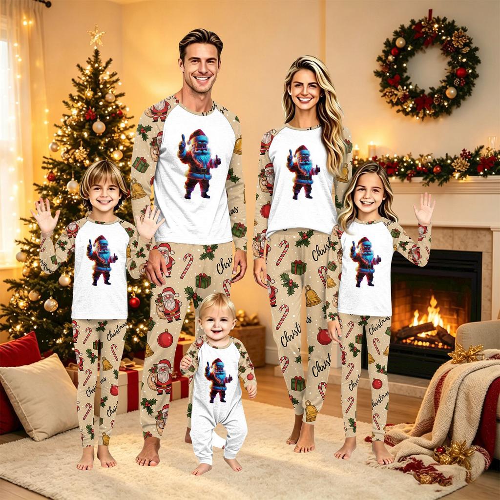 Family Matching Christmas Print Long Sleeve Neck Set with Pants for Kids and Adults