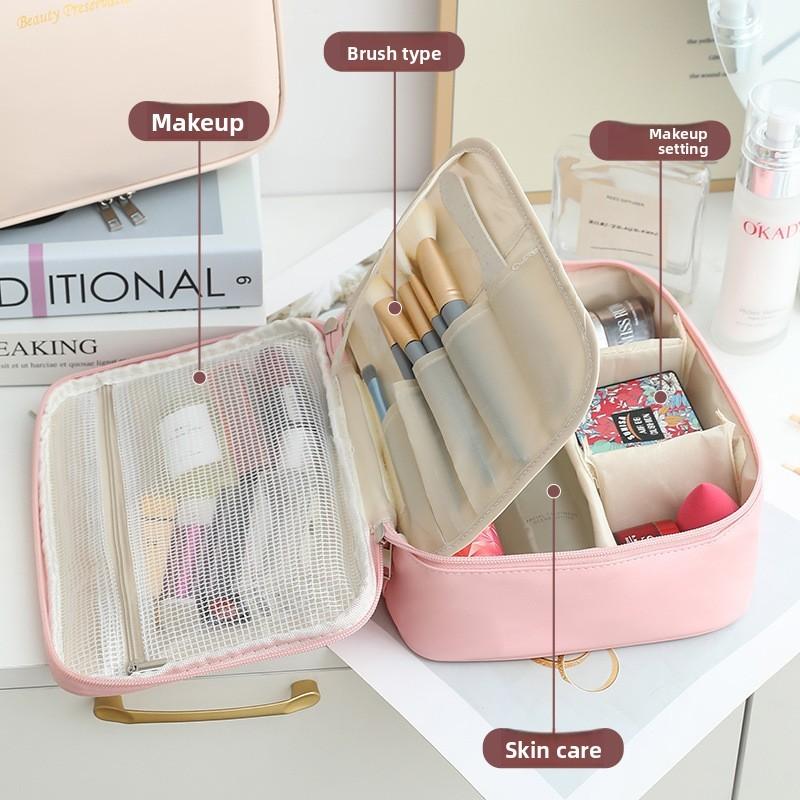 Bolsa de Maquiagem Estilosa de Grande Capacidade com Material PU à Prova d'Água para Viagem e Uso Doméstico