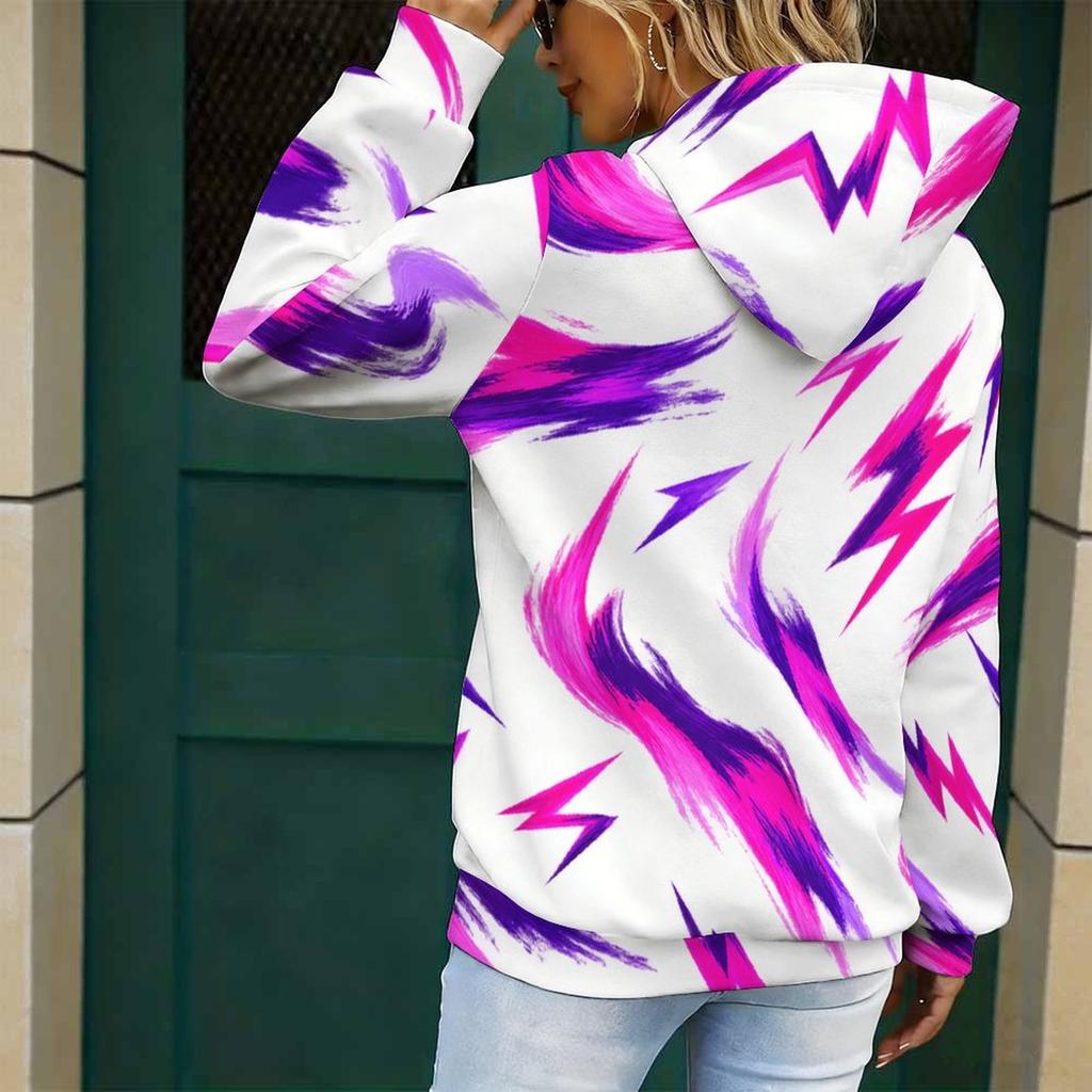 Women Plus Size Long Sleeve Drawstring Hoodie Green Yellow Orange Abstract Printed Kangaroo Pocket Pullover
