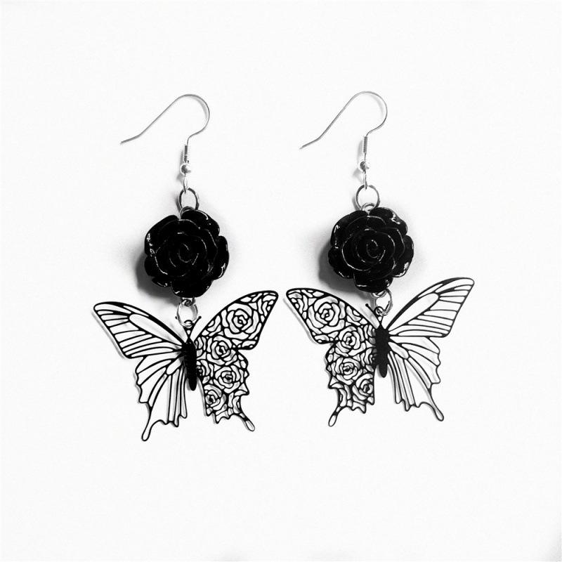 Gothic Black Rose & Snake Butterfly Earrings