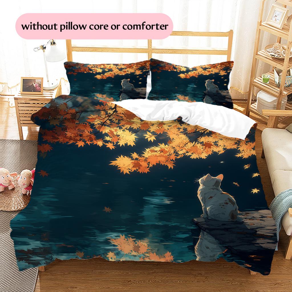 Autumn Leaf Cat Pattern Bedding Quilt Set Quilt Cover Pillowcase Home Decoration Gift (1 * duvet cover + 2 * pillowcase, without core)