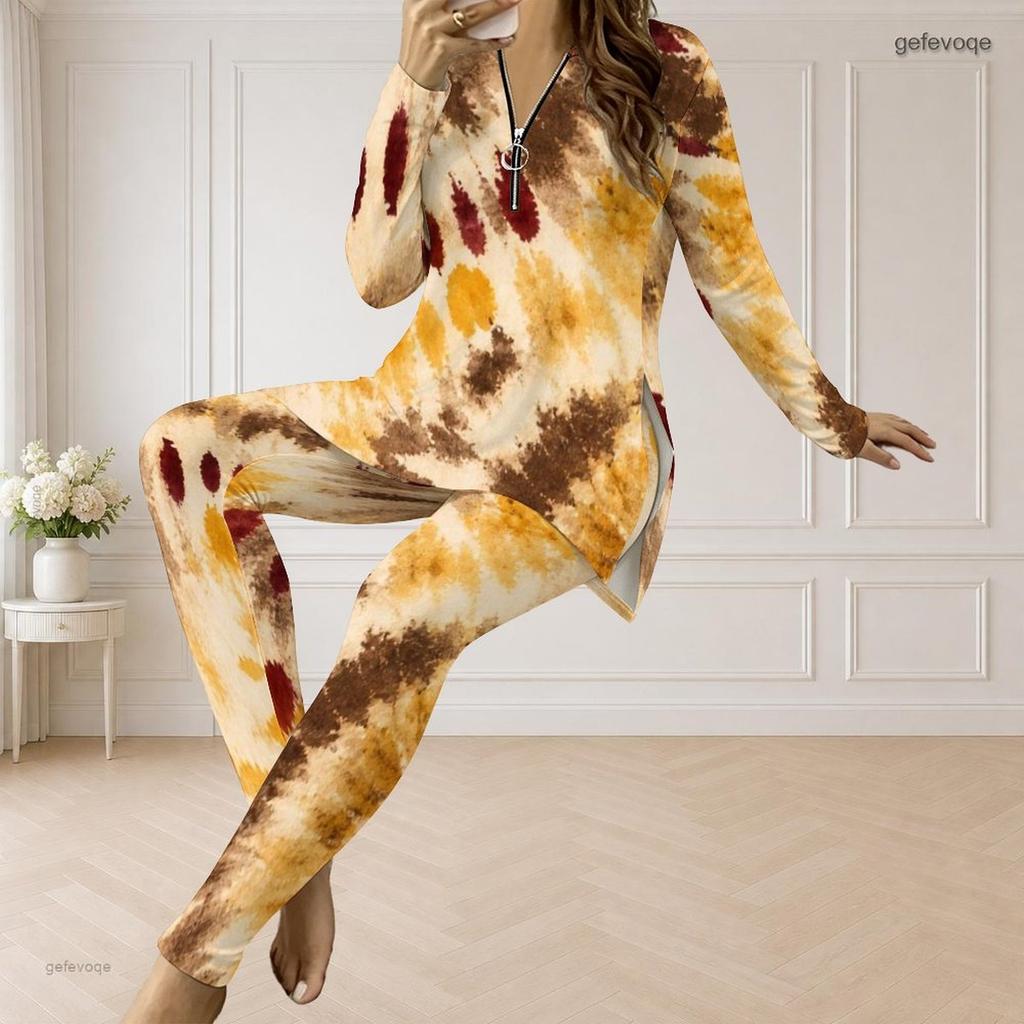 Women Plus Size Printed Two Piece Set Half Zip Neck Long Sleeve Top And Fitted Long Pants