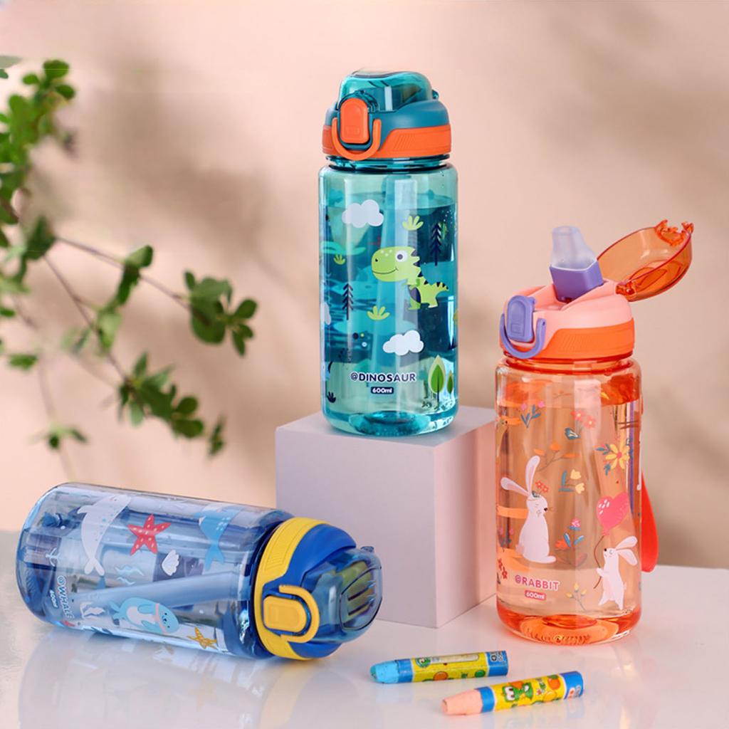 600ml Dinosaur Water Bottle with Silicone Straw Cartoon Water Sippy Cup Leakproof Portable Straw Cup Outdoor Summer Water Cup