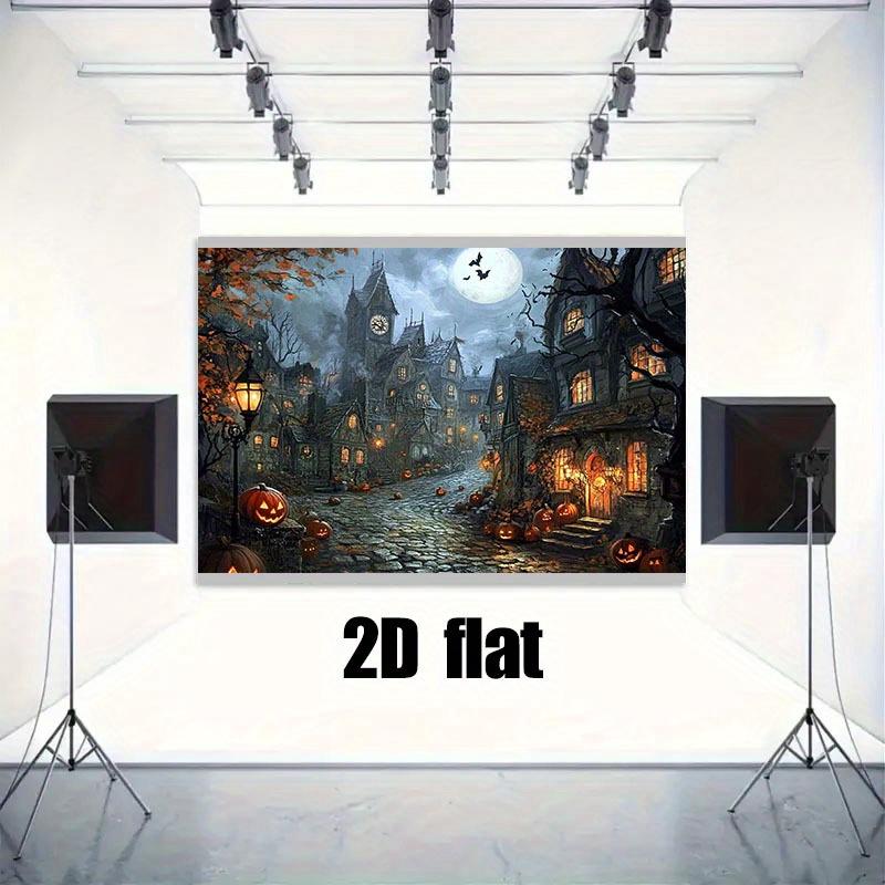 1 Piece of 2D Background Fabric Hand-painted Halloween Horror Style Dark Town and Pumpkin Lantern Design No Power Required