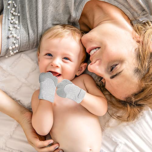 Baby Teething Mittens 2 Pack, Silicone Teething Gloves Toys for Infants 0-6 Months, Soothe Sore Gums, BPA Free, Gray Dots