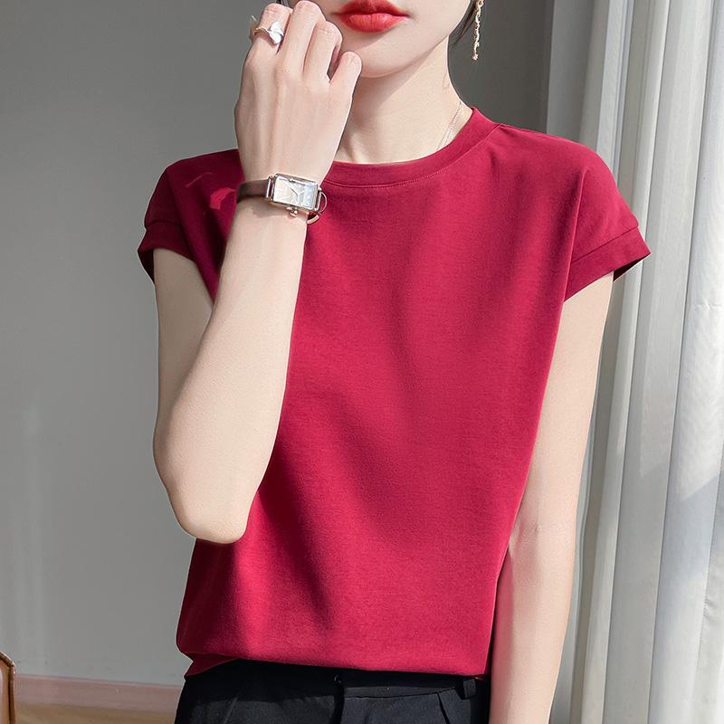 Mercerized Cotton O-neck T-shirt Summer Solid Color Sleeve Top Casual and Comfortable Short-sleeved Women's Clothes