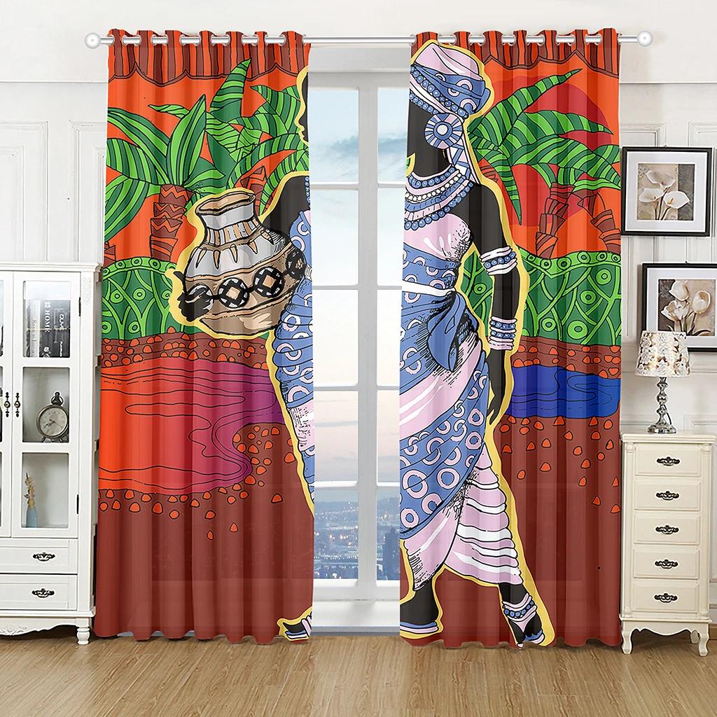 Kenya Nature Three African Woman Kitchen Curtains for Living Room Bedroom Decoration Curtains Drapes