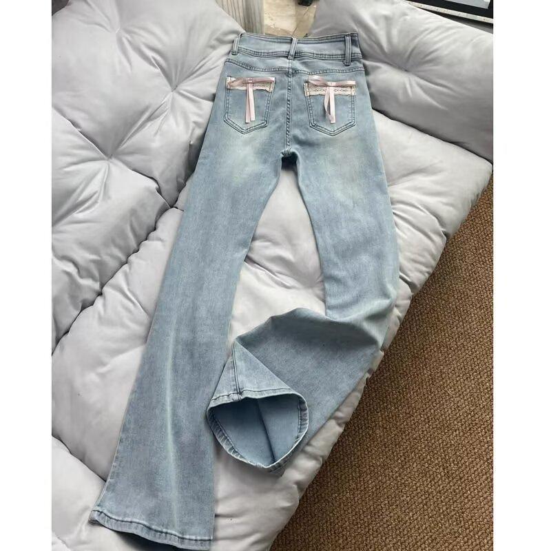 

Корейские джинсы на шнуровке с бантом, микро-клеш, с высокой талией, стройнящие, повседневные, для женщин Extra Large синий