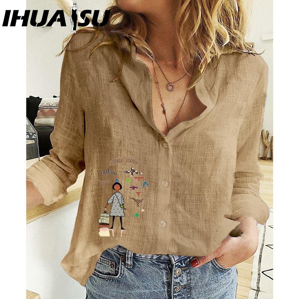 IHUASU Women's Fashion Casual Small Fish Print Long Sleeve POLO Neck Blouses & Shirts