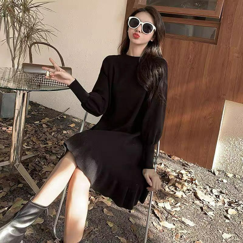 

Knitted Bottoming Dress Women s Inner Autumn and Winter Round Neck Mid-length Loose Temperament Sweater Skirt XS чорний