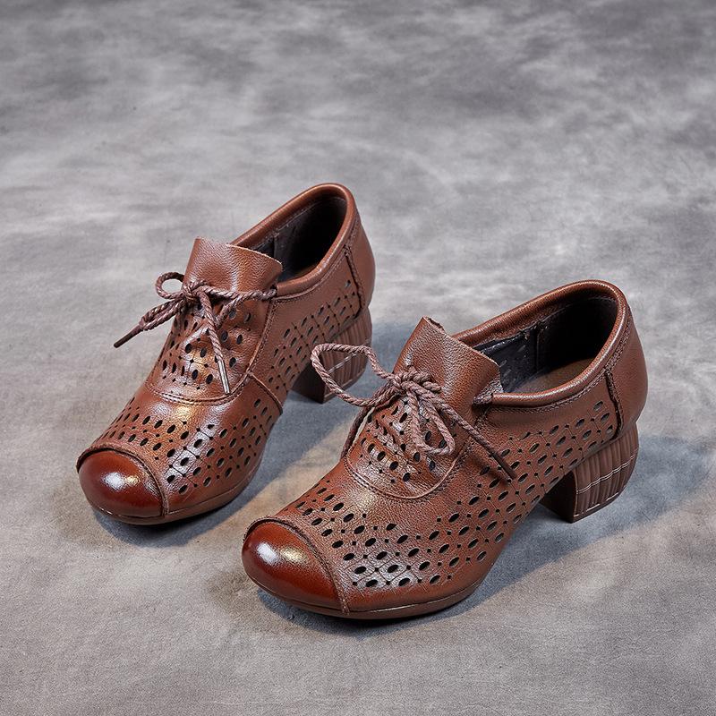 Retro women's shoes summer hollow breathable sandals women's head layer cowhide high heel soft sole non-slip hole shoes women's sandals