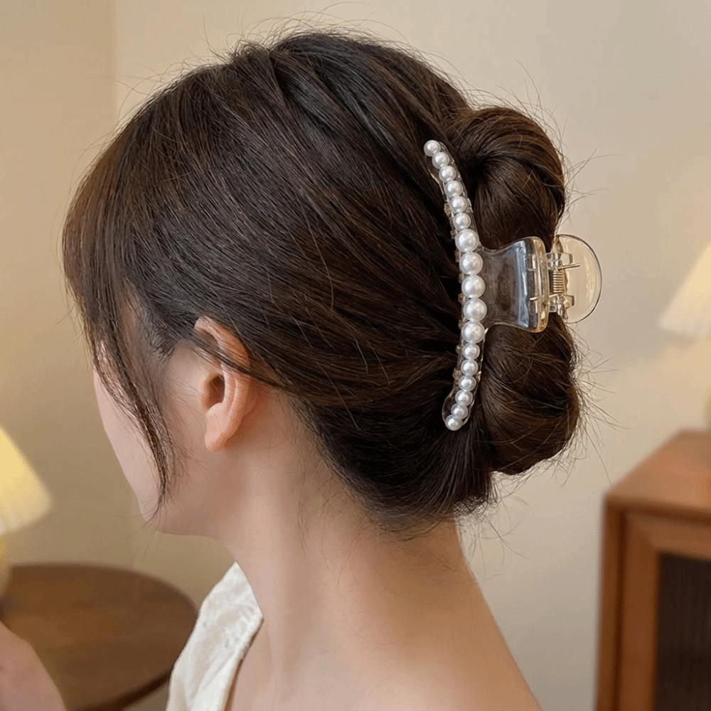 Big Size Pearl Hair Claw Pearl Decor Hairpin Elegant Shark Clip Daily Styling