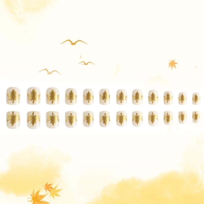 Autumn Shimmers Press on Nail 24 Pieces Maple Leaf Glitters Design ABS Material Easy Application Fake Nail Daily Wear