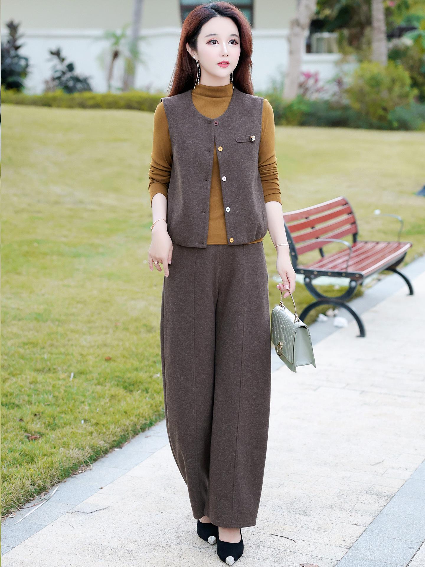 

Women s Three-Piece Set: Casual Long-Sleeve Vest with Wide-Leg Pants, Spring/Autumn 2026 Collection. Perfect for a Loose-Fit, Middle-Aged Style. XXXL темно-серого