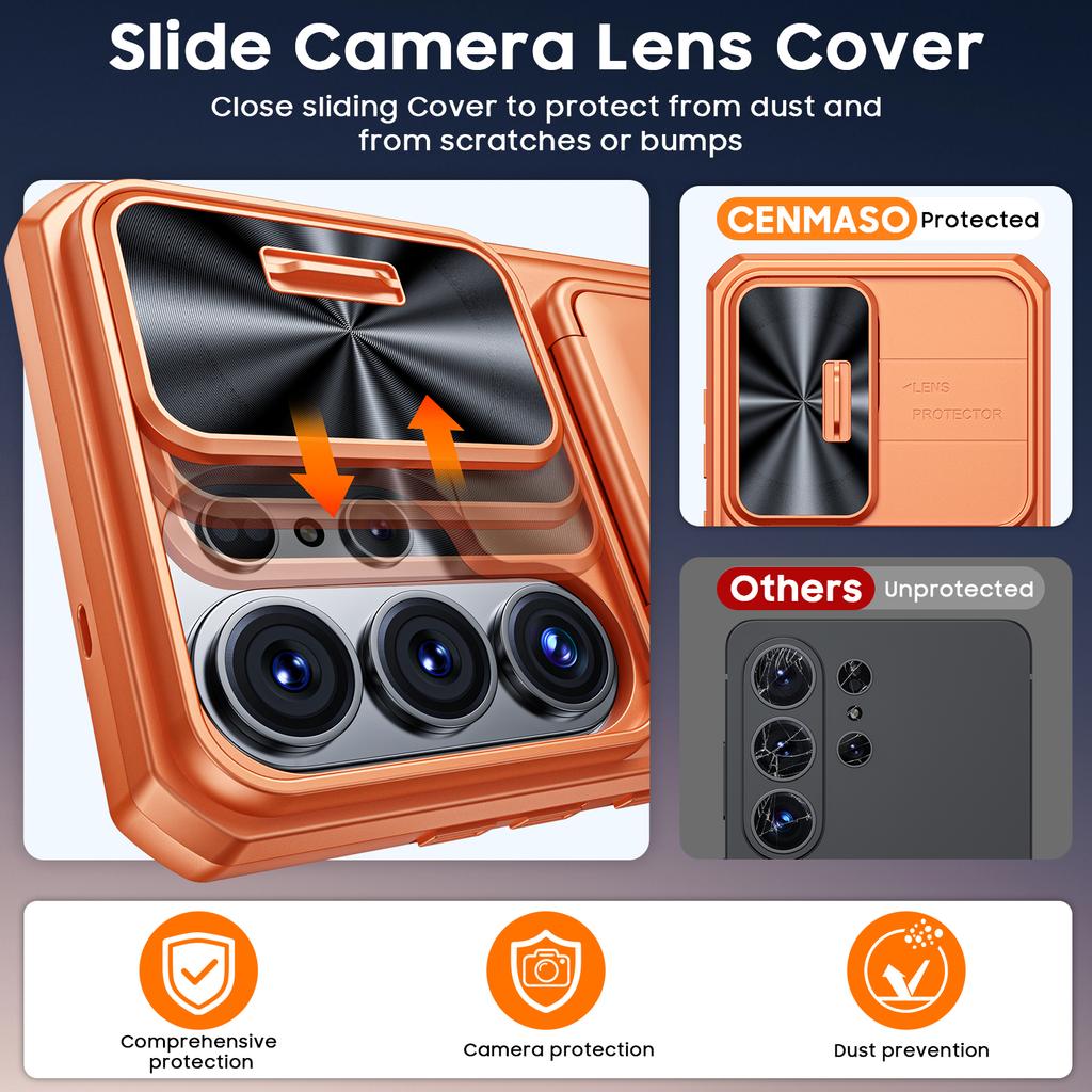 With Card Holder Sliding Camera Cover And Stand For Samsung Galaxy S26 Ultra Phone Case, Anti-Fall PC+TPU Wallet Case-Orange